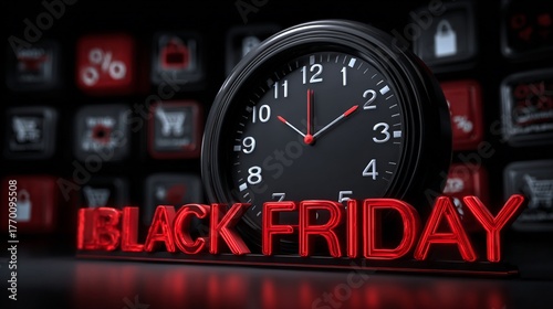 Black Friday countdown clock with glowing red neon text and gifts