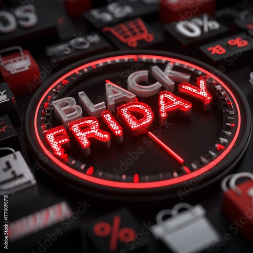 Black Friday countdown clock with glowing red neon text and gifts