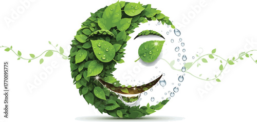 A smiling green earth face made of leaves and water drops isolated on white background, symbolizing nature, environment, and sustainability