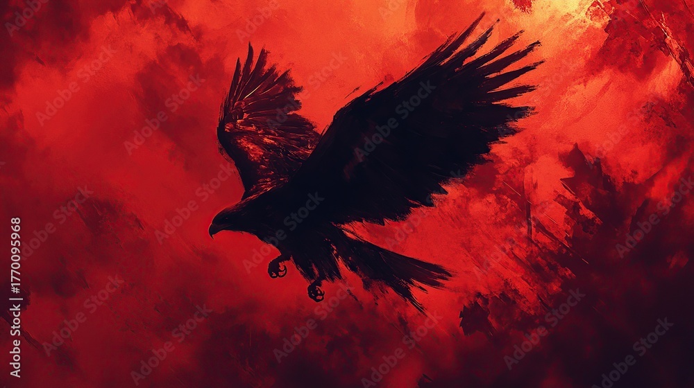 Fototapeta premium A majestic eagle soars through a turbulent, fiery sky, creating a dramatic and powerful image.