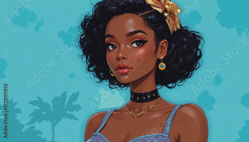 Boho-Chic African Woman Vector Portrait, Stylish Flat Design with Artistic Brush Texture