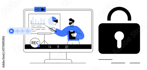 Presenter delivering a digital presentation with charts via screen sharing, while a lock symbolizes privacy and security. Ideal for remote work, webinars, data privacy, cybersecurity, online