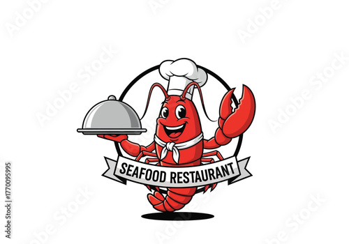 A cheerful cartoon lobster chef mascot for a seafood restaurant, holding a silver serving platter.