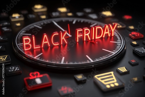 Black Friday countdown clock with glowing red neon text and gifts