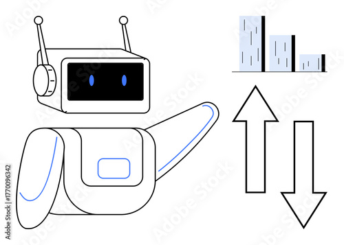 Humanoid robot gestures toward a bar graph and directional arrows, symbolizing data analysis, AI-driven decisions, progress tracking. Ideal for technology, AI, innovation, analytics, forecasting