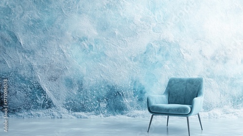 A light blue armchair sits elegantly in front of a textured, icy blue wall, creating a serene and minimalist atmosphere.