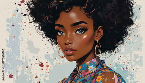 Cute African Woman Illustration in Boho-Chic Style, Modern Flat Design with Textured Details