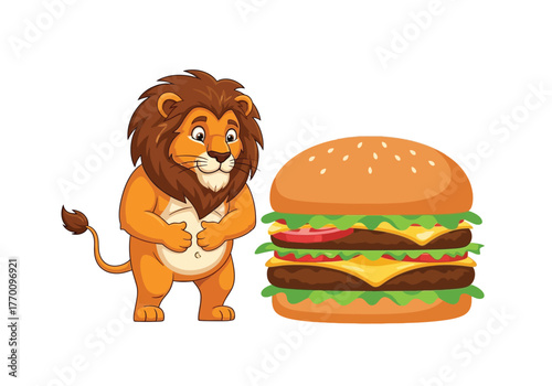 A cute cartoon lion looking hungrily at a giant double cheeseburger on a white background.