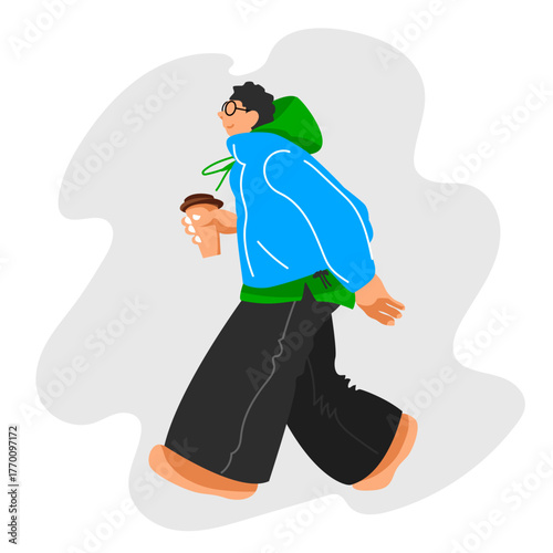 A man is walking down the street. A man drinks coffee. Vector illustration of a man in warm clothes
