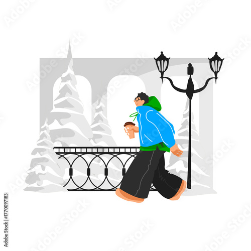 A man walks through the park. A man drinks coffee on the way. Vector illustration of a man in warm clothes on a background