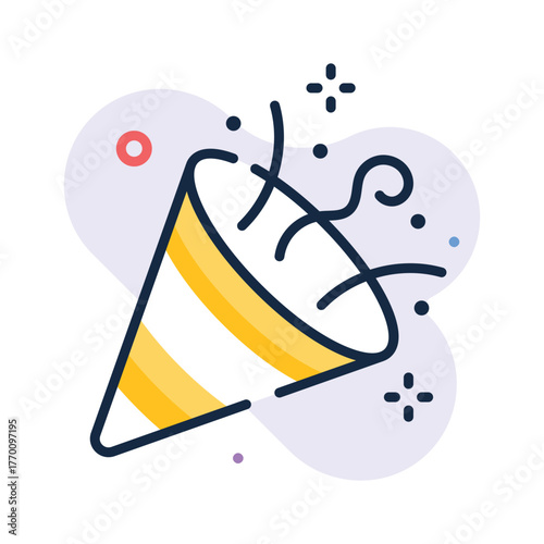 Well designed flat outline icon of party popper with confetti explosion for events