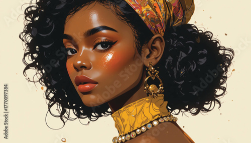Contemporary Flat Style Portrait of Cute African Woman with Boho Outfit