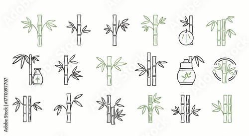 Artistic Outline Icon Collection of Bamboo Plants, Featuring Green Shoots, Tall Stems, and Asian-Inspired Motifs for Nature and Wellness Graphics