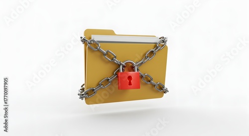 Secure Data Concept: Yellow Folder Secured with Silver Chain and Red Padlock, Representing Data Protection, Security, Privacy, and Information Confidentiality on a White Background.
