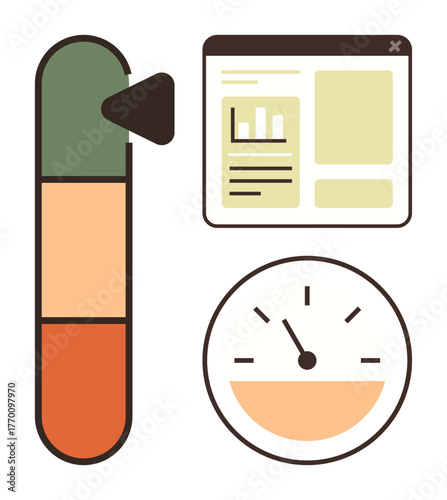 Gauge dial, vertical progress bar with three segments, and web interface window for metrics visualization. Ideal for analytics, monitoring, performance, efficiency, progress, data visualization