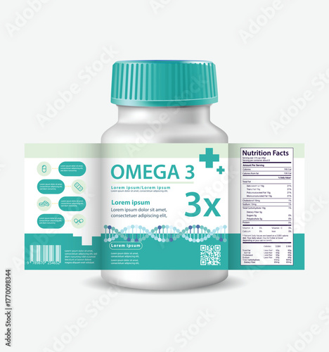 Professional packaging design template for pharmaceutical pills and vitamin bottles with customizable labels and branding elements