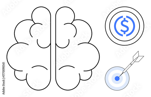 Black outlined brain positioned beside a dollar sign within a target circle and an arrow hitting a bullseye. Ideal for business strategy, financial planning, goal setting, innovation