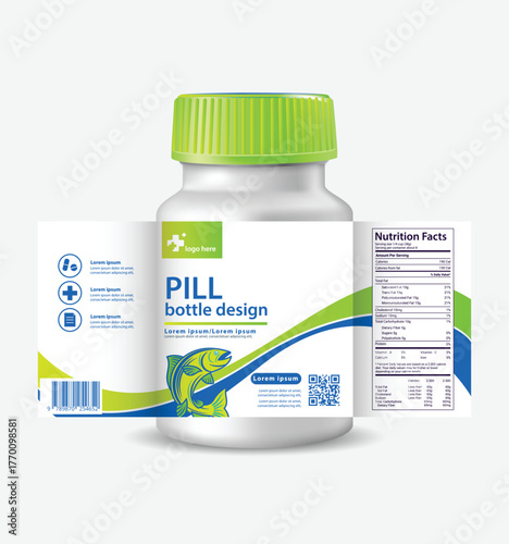 Professional vector template for pharmaceutical and vitamin bottle packaging design with customizable elements
