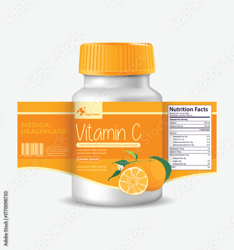 Professional vector design template for pharmaceutical and vitamin bottle packaging with customizable labels and branding elements