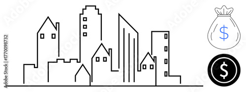 Skyscrapers and houses in minimalist style with a money bag and currency symbol. Ideal for urban development, real estate, investment, financial strategy, funding, economy, wealth. Simple flat
