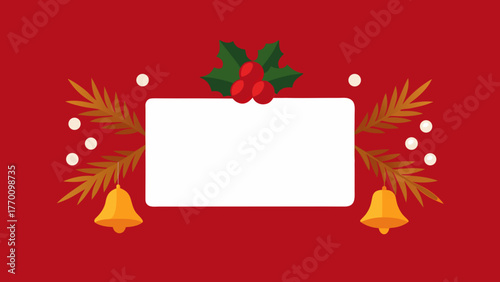 Festive christmas themed frame with bells and holly on a red background