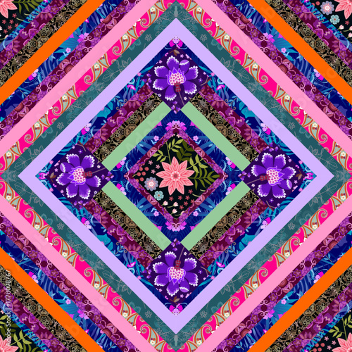 Multicolor seamless patchwork pattern with embroidered flowers and bright stripes. Variegated diamonds and floral squares. Beautiful print for a blanket