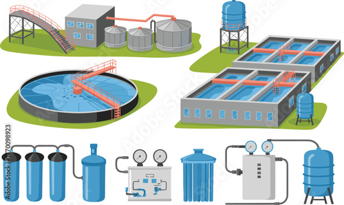 Water treatment plant illustration, wastewater purification system diagram, clean water filtration process, industrial facility design, environmental engineering concept art