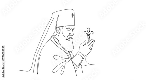 Orthodox priest praying with cross in minimalist line art style