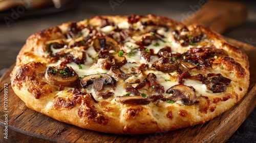 Wallpaper Mural Delicious mushroom and bacon pizza on a rustic wooden board. Use this image for food blogs, menus, or advertising pizza deals. Torontodigital.ca