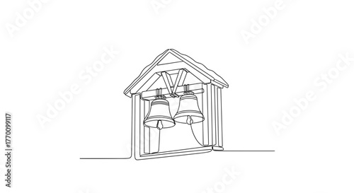 Church bells in wooden tower in minimalist line art style