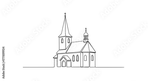 Christian church building in minimalist line art style