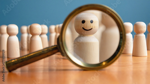 Magnifying glass focuses on happy wooden figure among many, symbolizing careful selection, recruitment, and finding the right fit for success.