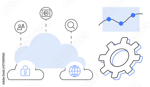 Connected cloud, data analytics graph, play button, search, gear, security, globe. Ideal for technology cloud computing analytics cybersecurity connectivity multimedia innovation. Simple flat