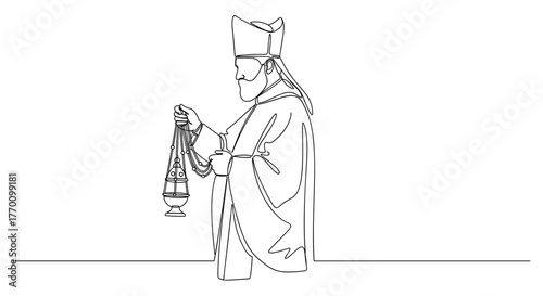 Catholic bishop holding censer in minimalist line art style