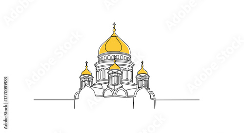 Orthodox cathedral with golden domes in minimalist line art style