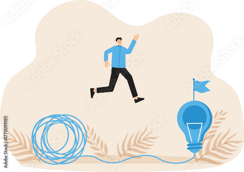 Simplification idea to find solution, process of thinking or creativity to solve problem, finding easy way to moving away from chaos of lines towards simple light bulb idea

