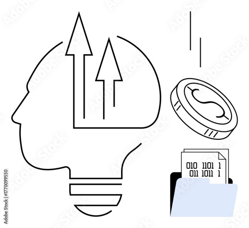 Human head outline with upward arrows symbolizing growth, coin for financial flow, and file with binary code for digital data. Ideal for innovation, progress, data economy, financial concepts