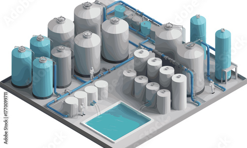 3D isometric illustration of industrial water treatment plant, purification tanks and filtration system, modern clean technology facility design