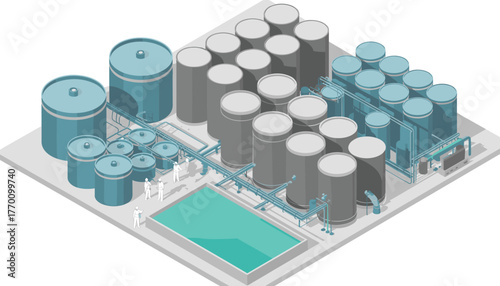 3D isometric illustration of industrial water treatment plant, purification tanks and filtration system, modern clean technology facility design