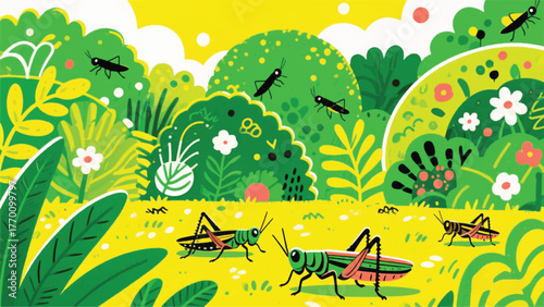 Grasshoppers in the Wild Illustrator Artwork Banner Background Design Template 