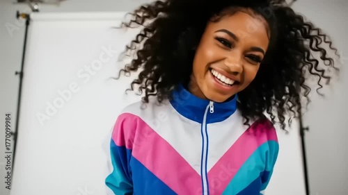 Energetic young woman with curly hair poses in retro track suit against white backdrop