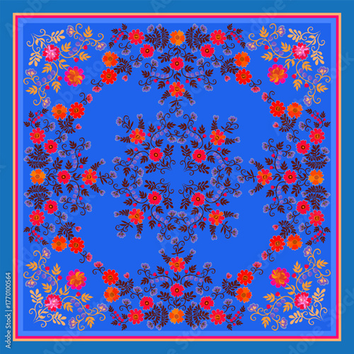 Bright blue scarf with floral pattern. Red and orange flowers, brown and yellow leaves, blue buds and berries 