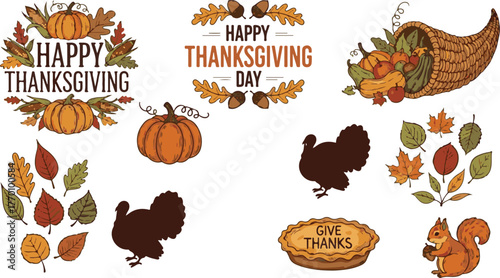 Festive thanksgiving day graphic elements set with autumnal colors and traditional icons