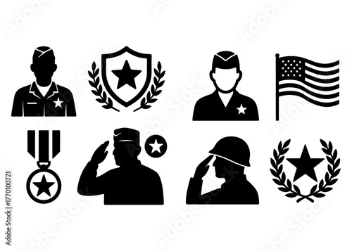 Veteran Soldier Icons – Military Hero and Patriotism Symbol Silhouette Set