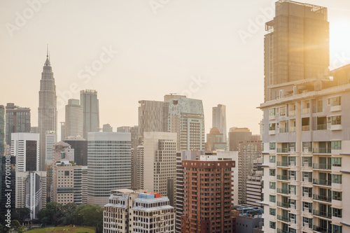Photography KLCC Kuala Lumpur City Skyline in Warm Evening Light, Malaysia