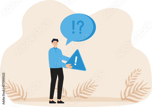 Worries or doubts to make a decision and mistrust or problems, worries or challenges ahead worries about problems or problems, businessman holding marks with concern for solving problems.
