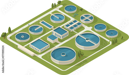 Isometric 3D illustration of modern water treatment facility, clean water purification tanks and filtration system, environmental technology plant design