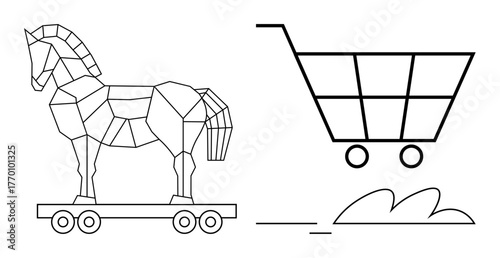 Geometric Trojan horse on wheels placed beside a shopping cart, representing cyber deception, security risks, or e-commerce strategy. Ideal for cybersecurity, online shopping, data theft, fraud