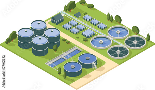 Isometric 3D illustration of modern water treatment plant, industrial purification tanks and filtration system, clean water process facility design