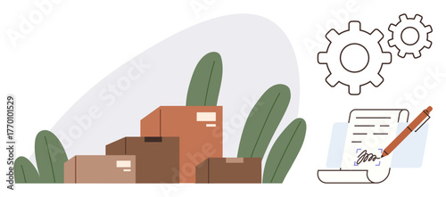 Delivery boxes stacked with green leaves, contract signed with pen, and gear icons processing. Ideal for business workflow, logistics, supply chain, organization, contracts, shipping simple flat
